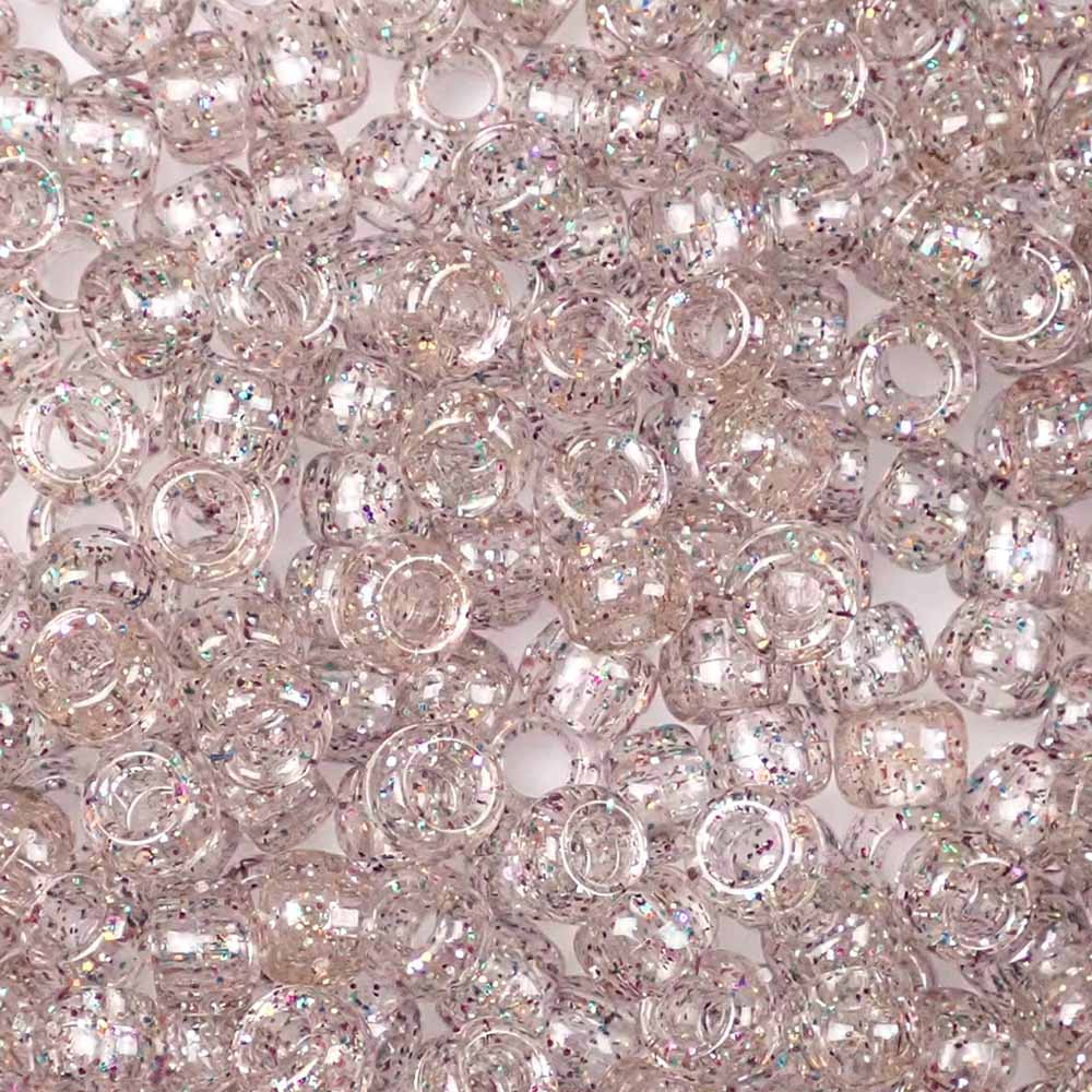 Clear w/ Rainbow Glitter Plastic Pony Beads. Size 6 x 9 mm. Craft Beads. Made in the USA.