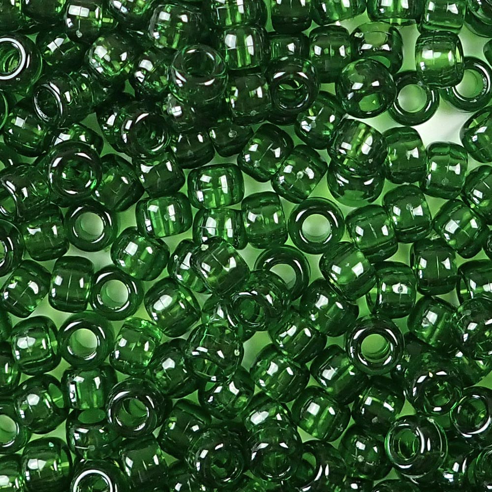 Dark Peridot Green Plastic Pony Beads. Size 6 x 9 mm. Craft Beads. Made in the USA.