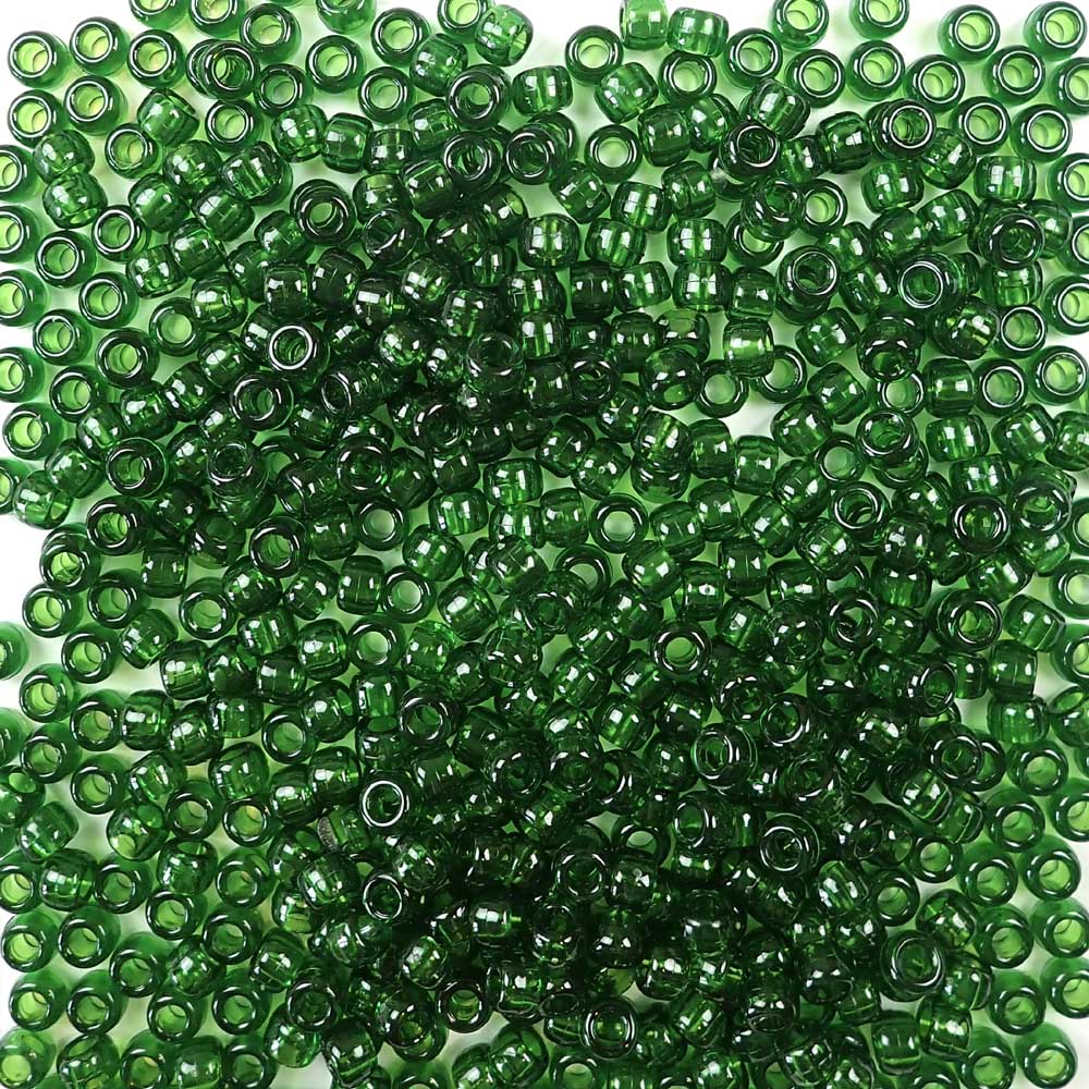 Dark Peridot Green Plastic Pony Beads. Size 6 x 9 mm. Craft Beads. Made in the USA.