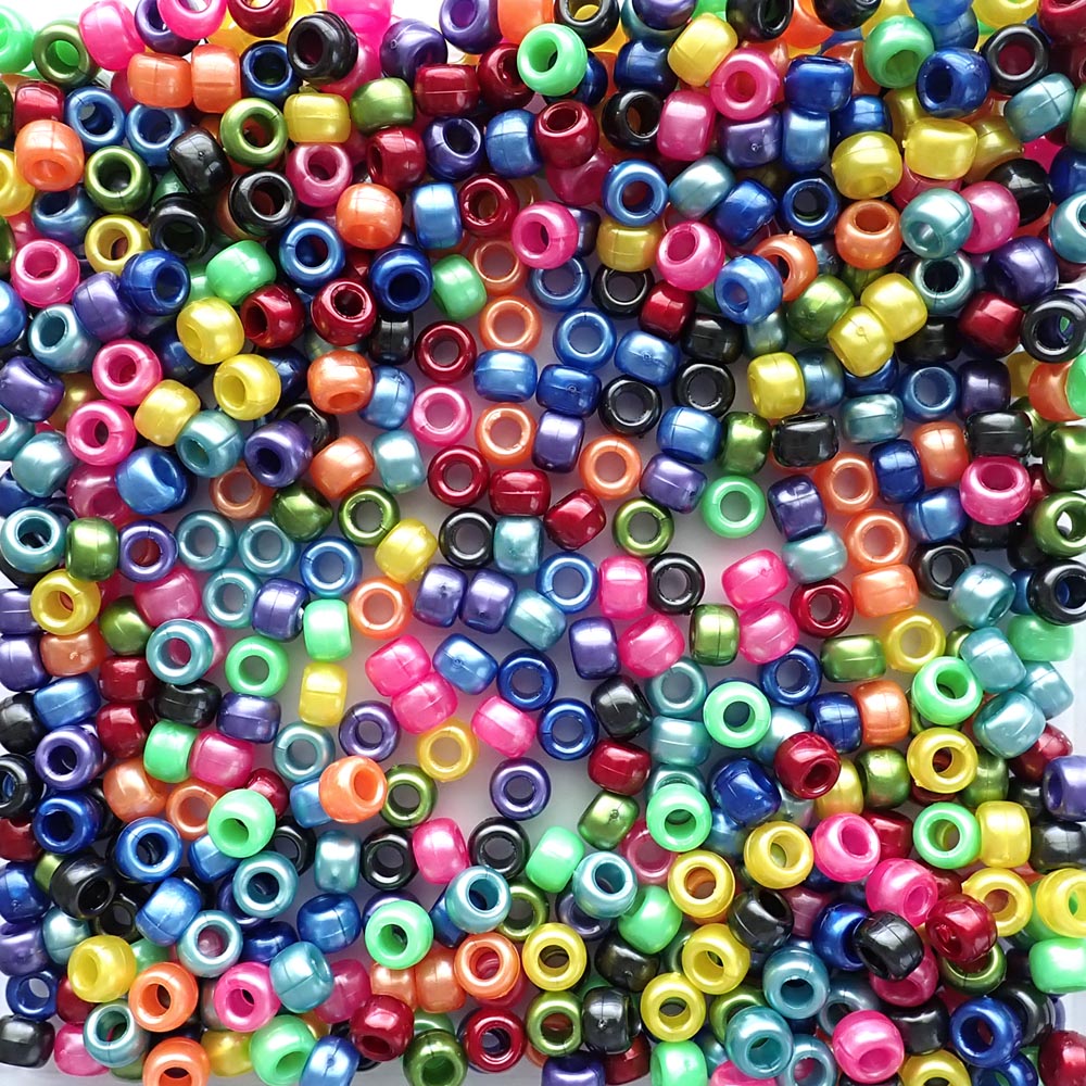 Dark Rainbow Pearl Plastic Pony Beads. Size 6 x 9 mm. Craft Beads. Made in the USA.