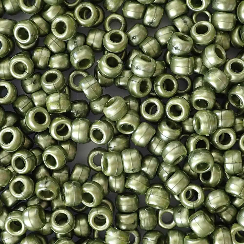 Dark Olive Green Pearl Plastic Pony Beads. Size 6 x 9 mm. Craft Beads. Made in the USA.