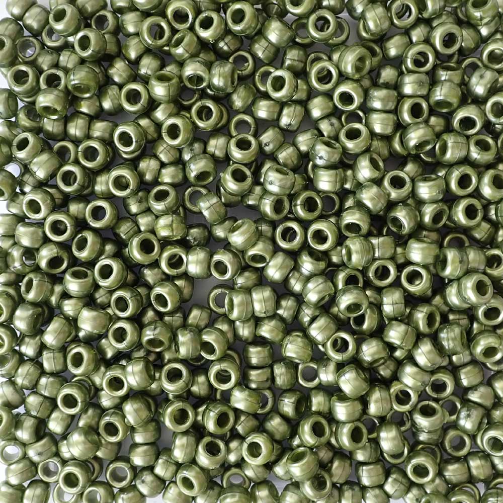 Dark Olive Green Pearl Plastic Pony Beads. Size 6 x 9 mm. Craft Beads. Made in the USA.