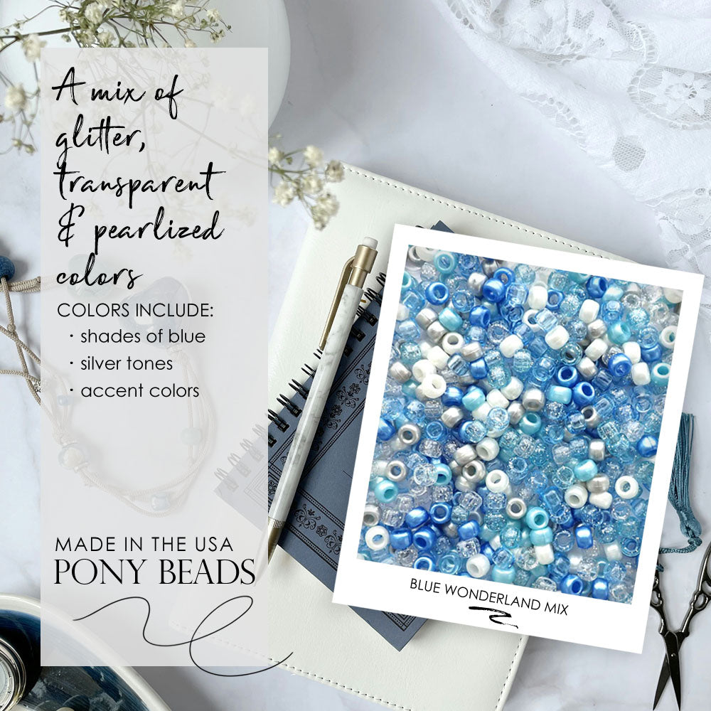 Blue Wonderland Mix Plastic Pony Beads. Size 6 x 9 mm. Craft Beads. Made in the USA.