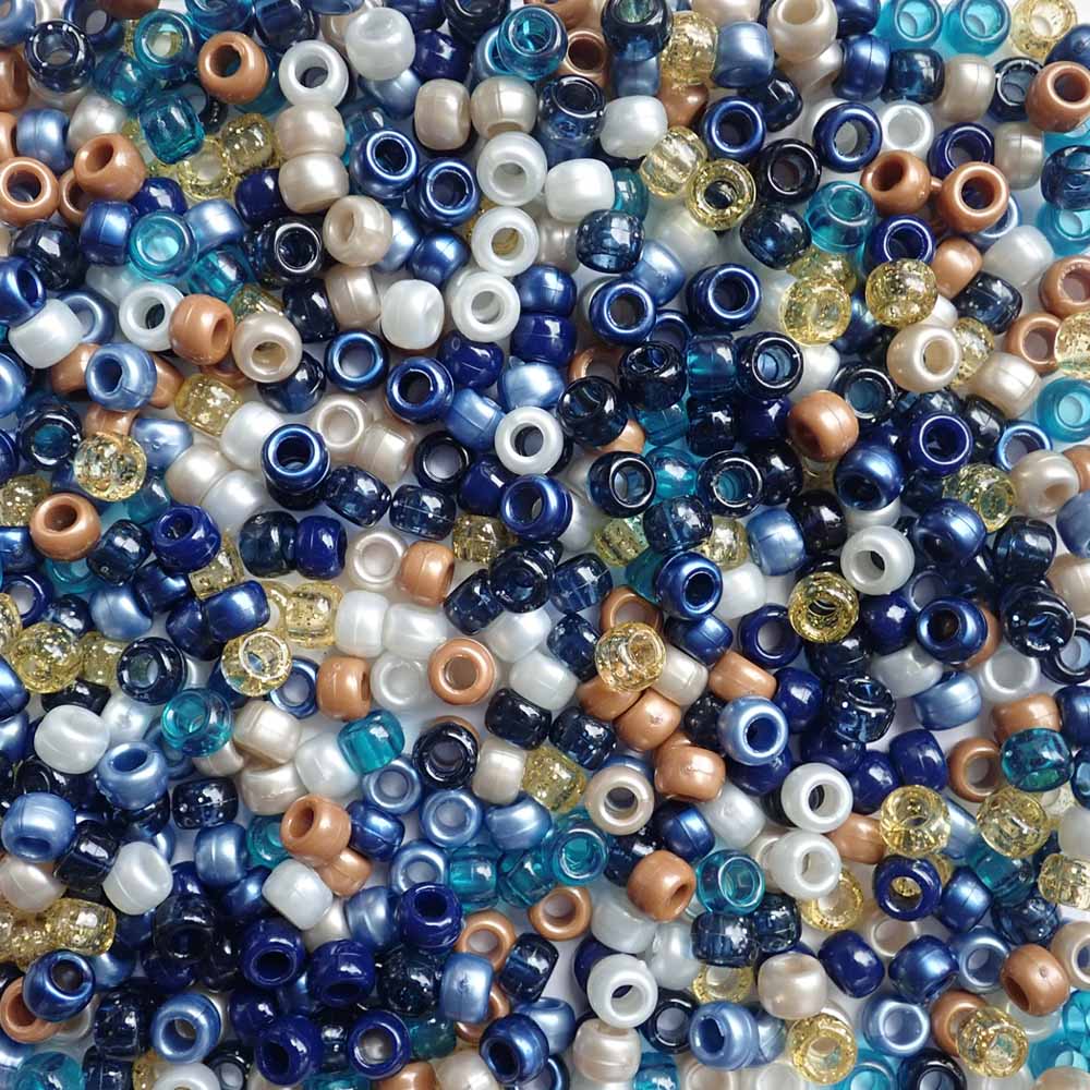 Shades of blue and earth tones mix of Plastic Pony Beads. Size 6 x 9 mm. Craft Beads for making bracelets, jewelry making, arts & crafts.  