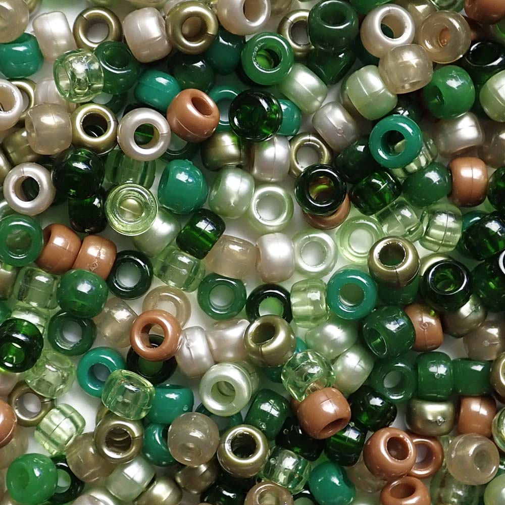 Shades of green and earth tones mix of Plastic Pony Beads. Size 6 x 9 mm. Craft Beads for making bracelets, jewelry making, arts & crafts.  
