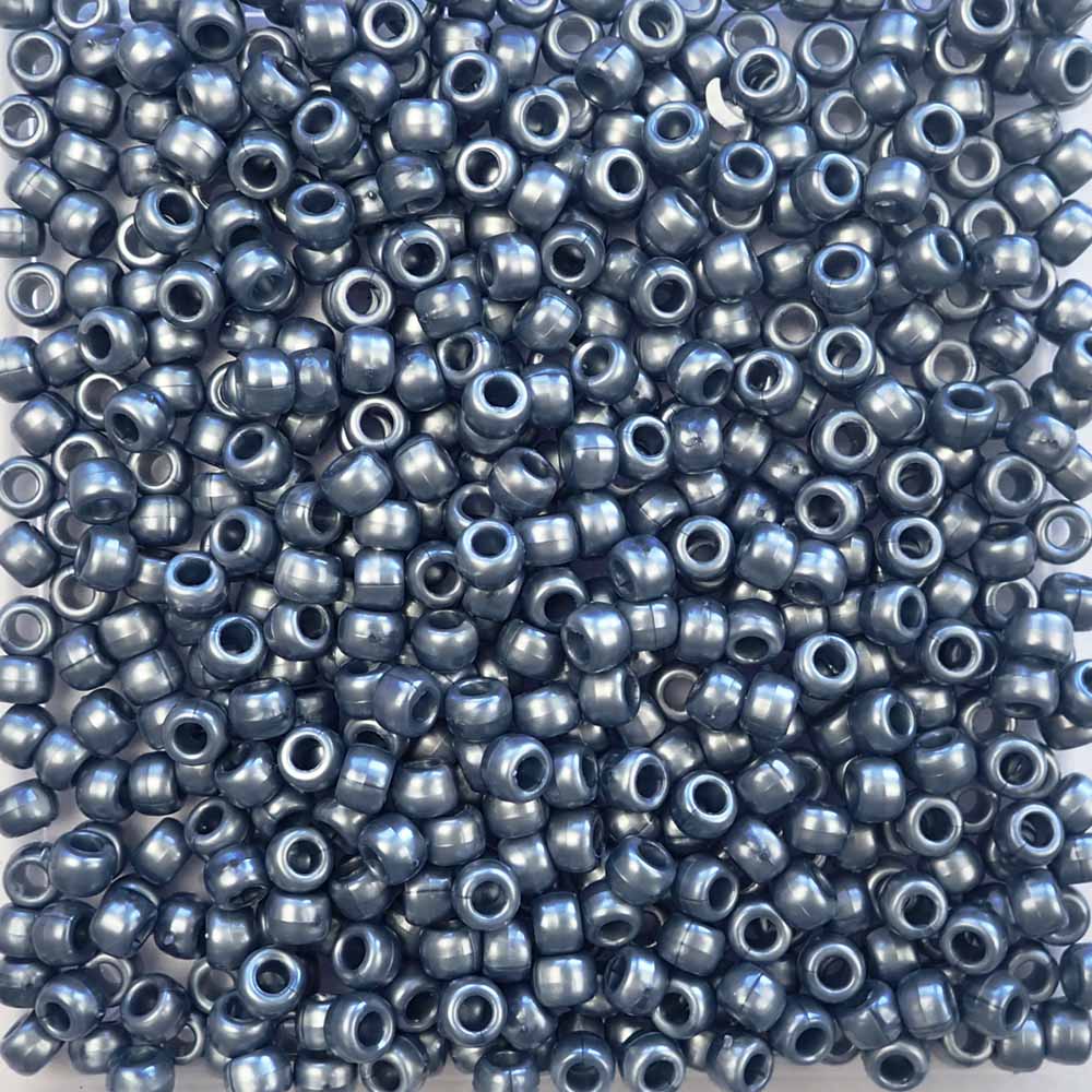 Dark Steel Blue Pearl Plastic Pony Beads. Size 6 x 9 mm. Craft Beads. Made in the USA.