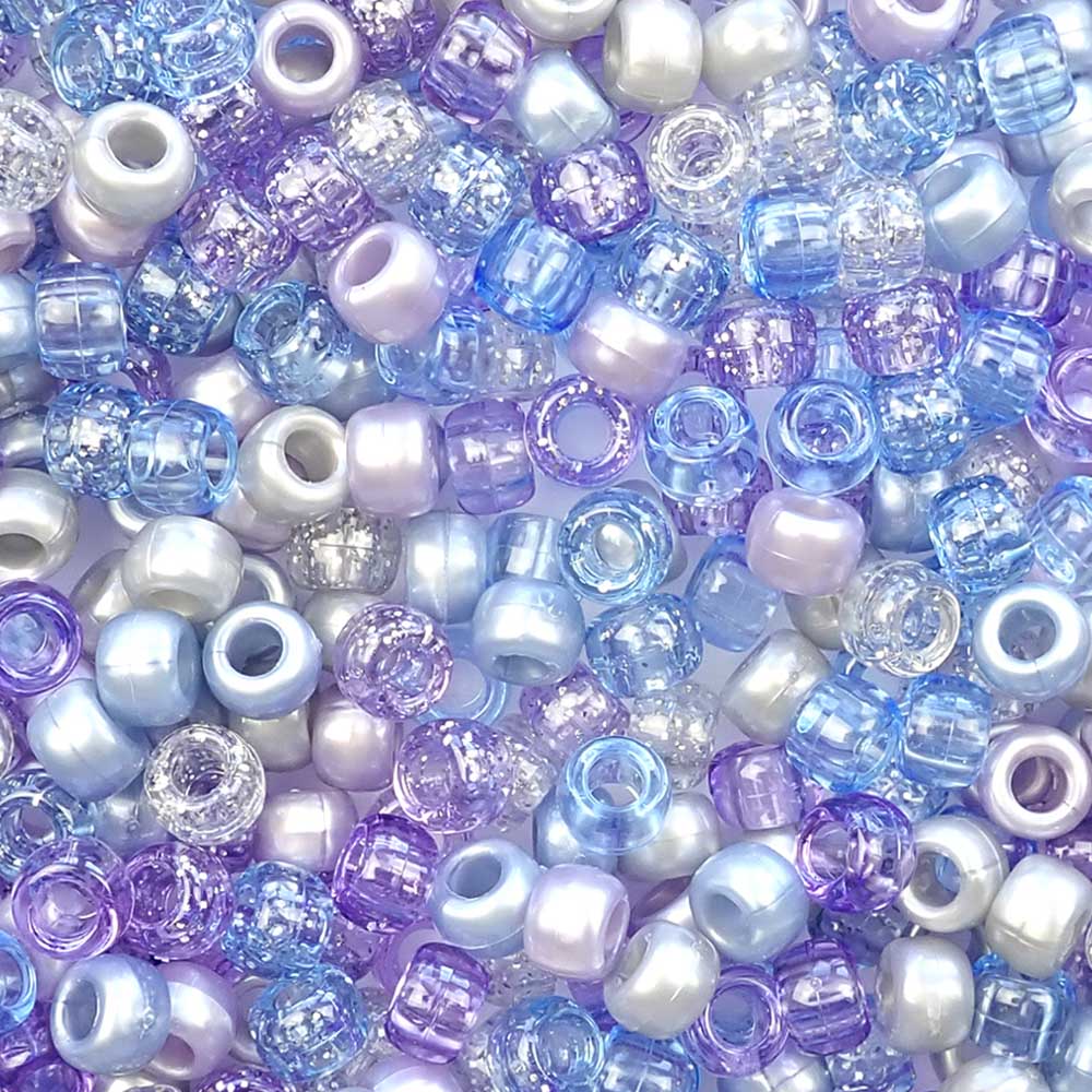 Blue Purple Ice Mix Plastic Pony Beads. Size 6 x 9 mm. Craft Beads. Made in the USA.