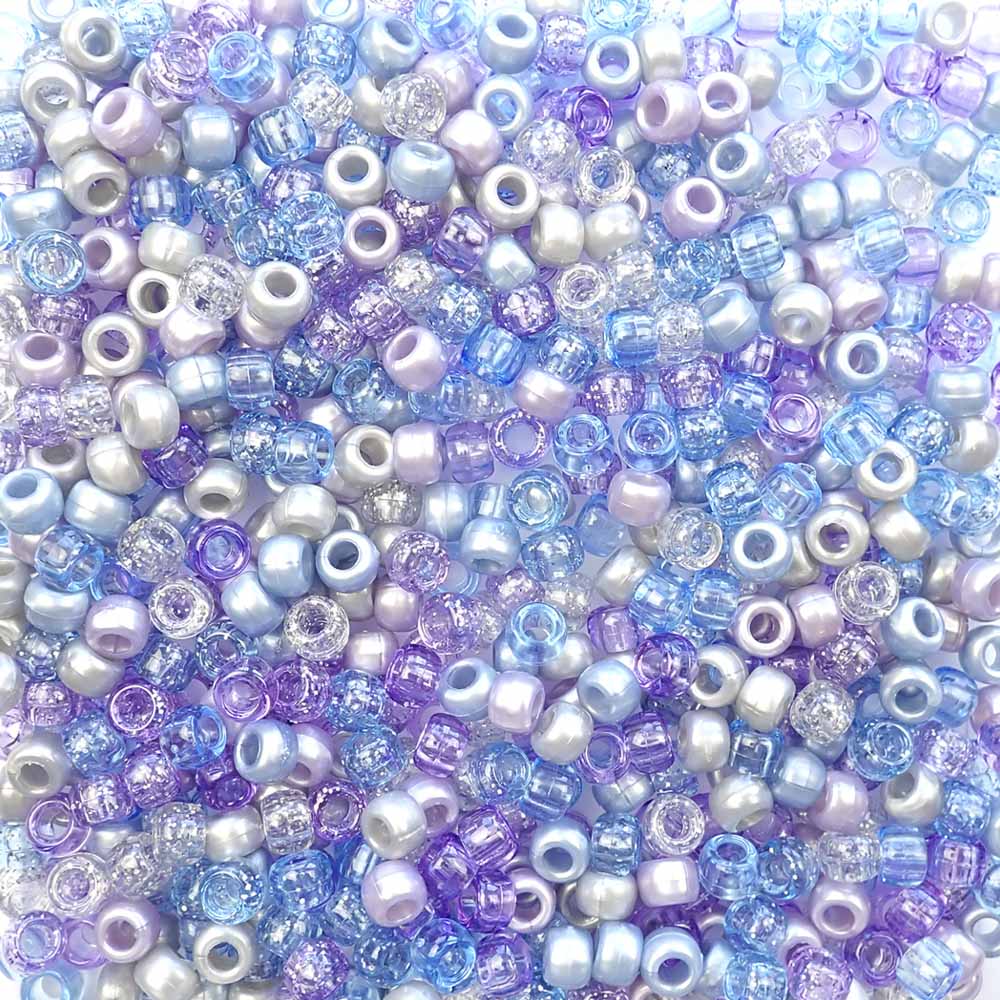 Blue Purple Ice Mix Plastic Pony Beads. Size 6 x 9 mm. Craft Beads. Made in the USA.