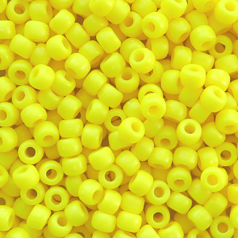 Matte Neon Yellow Plastic Pony Beads. Size 6 x 9 mm. Craft Beads.