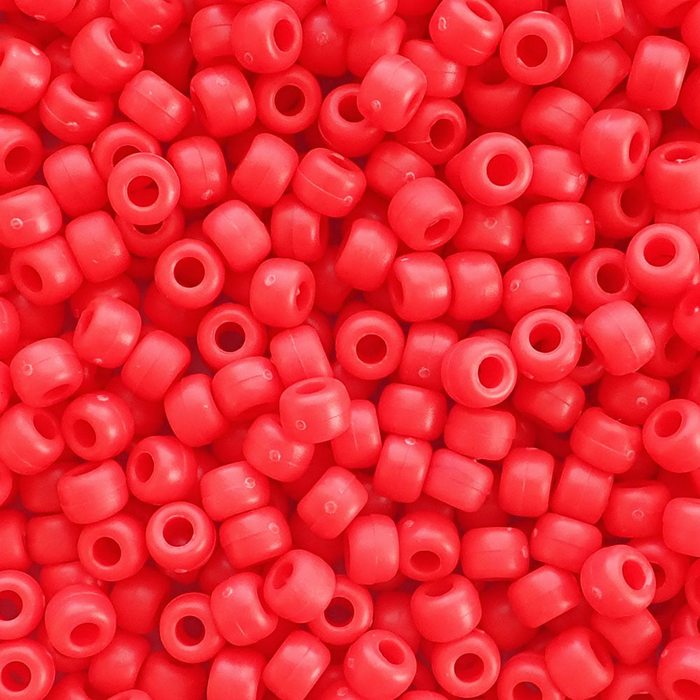 Matte Neon Red Plastic Pony Beads. Size 6 x 9 mm. Craft Beads.