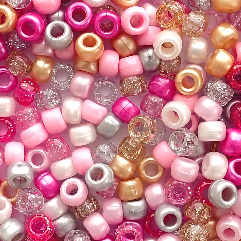 Pink Mix Plastic Pony Beads. Size 6 x 9 mm. Craft Beads for making bracelets, jewelry making, arts & crafts.