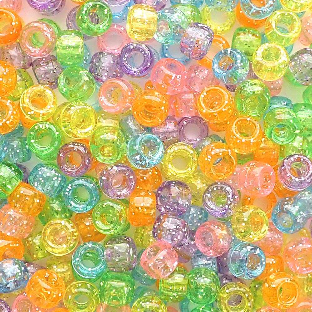 Carnival Glitter Plastic Pony Beads. Size 6 x 9 mm. Craft Beads. Made in the USA.