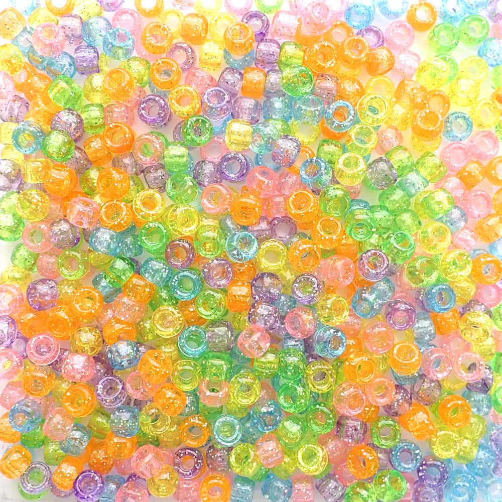 Carnival Glitter Plastic Pony Beads. Size 6 x 9 mm. Craft Beads. Made in the USA.