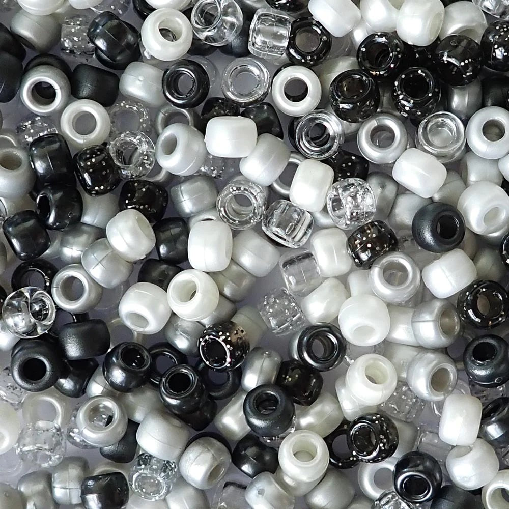 Black Tie Mix Plastic Pony Beads. Size 6 x 9 mm. Craft Beads. Made in the USA.