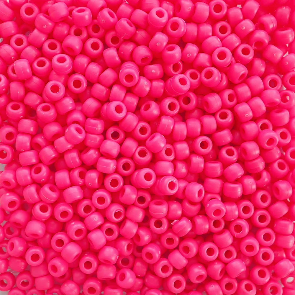 Matte Neon Pink Plastic Pony Beads. Size 6 x 9 mm. Craft Beads.