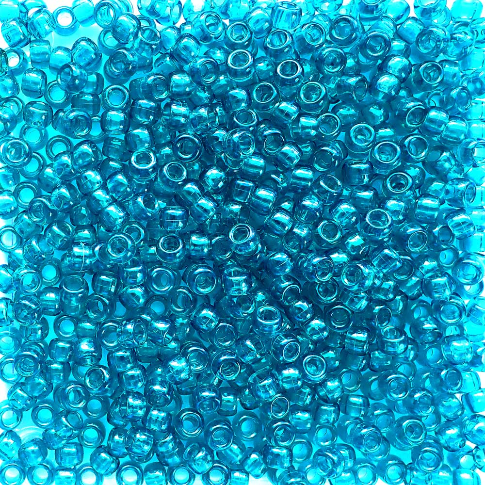 Teal Blue Transparent Plastic Pony Beads 6 x 9mm, 1500 beads