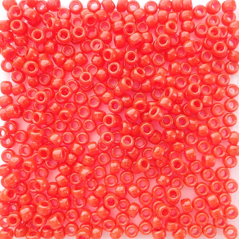Fire Red Plastic Pony Beads. Size 6 x 9 mm. Craft Beads. Made in the USA.