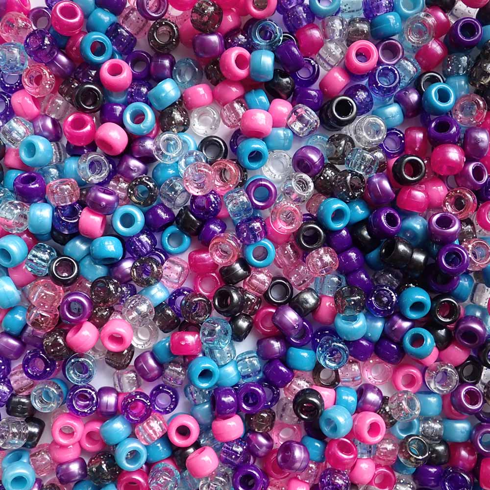 Mix of Pink, Purple, Turquoise & Black Plastic Pony Beads. Size 6 x 9 mm. Craft Beads for making bracelets, jewelry making, arts & crafts.