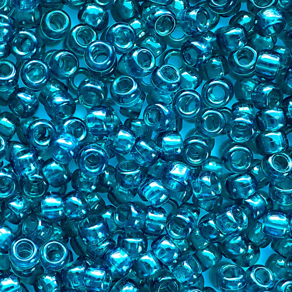 Dark Turquoise Transparent Plastic Pony Beads. Size 6 x 9 mm. Craft Beads. Made in the USA.