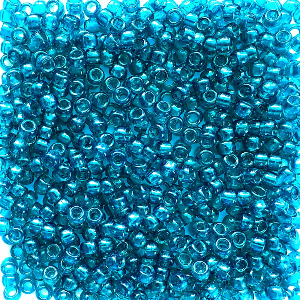 Dark Turquoise Transparent Plastic Pony Beads. Size 6 x 9 mm. Craft Beads. Made in the USA.