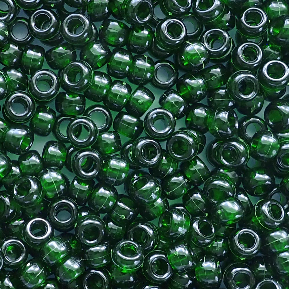 Deep Emerald Green Plastic Pony Beads. Size 6 x 9 mm. Craft Beads. Made in the USA.