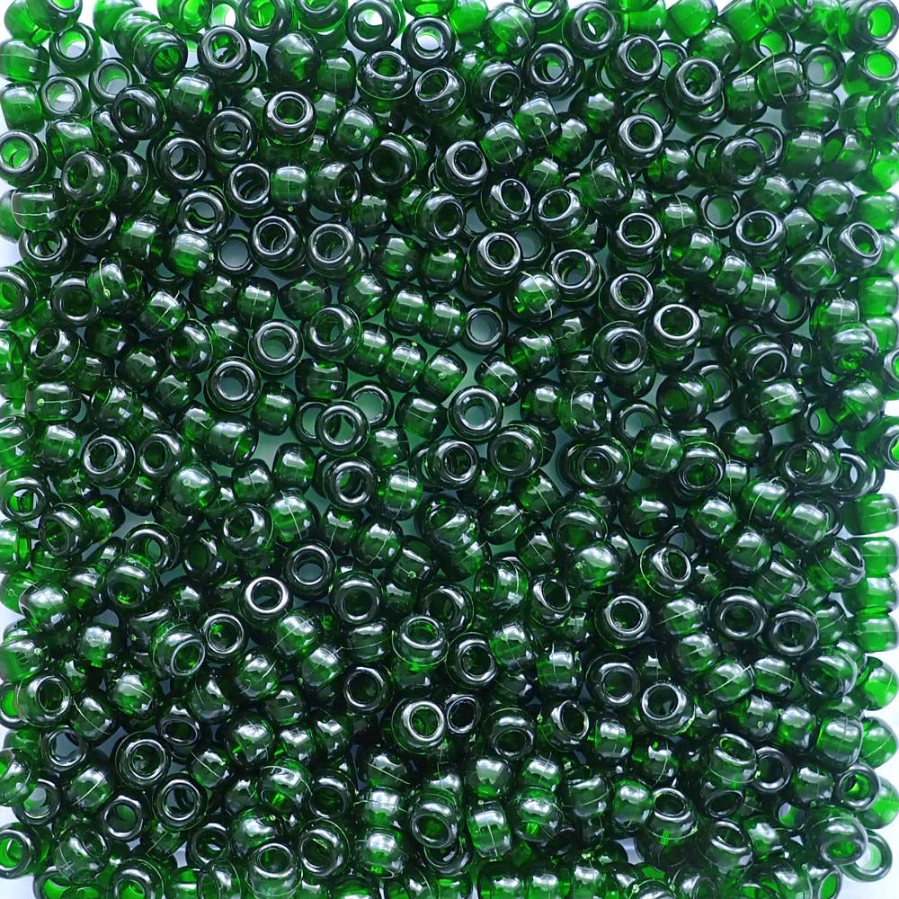 Deep Emerald Green Plastic Pony Beads. Size 6 x 9 mm. Craft Beads. Made in the USA.