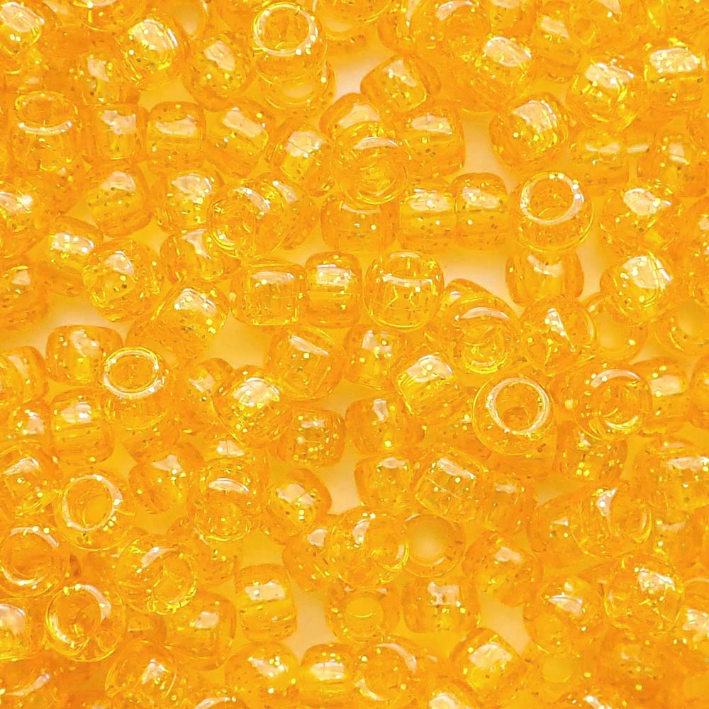 Golden Sun Yellow Glitter Plastic Pony Beads. Size 6 x 9 mm. Craft Beads. Made in the USA.