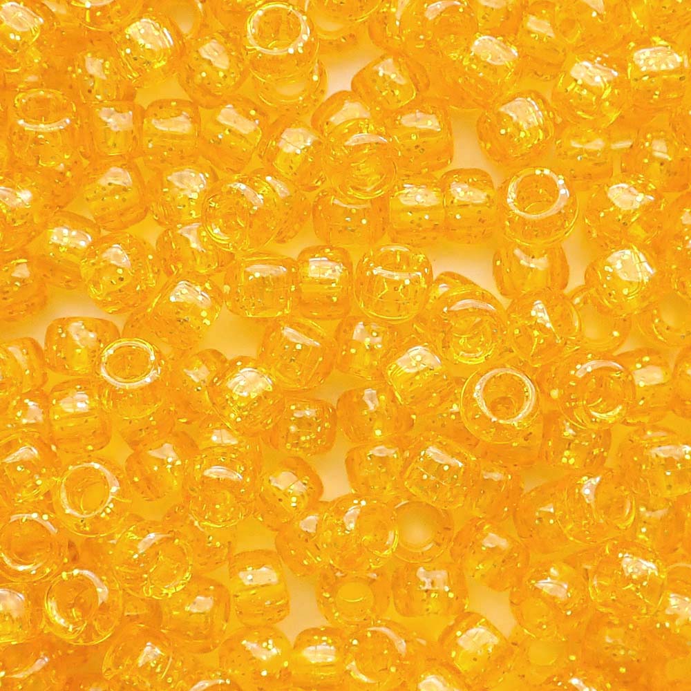 Golden Sun Yellow Glitter Plastic Pony Beads. Size 6 x 9 mm. Craft Beads. Made in the USA.