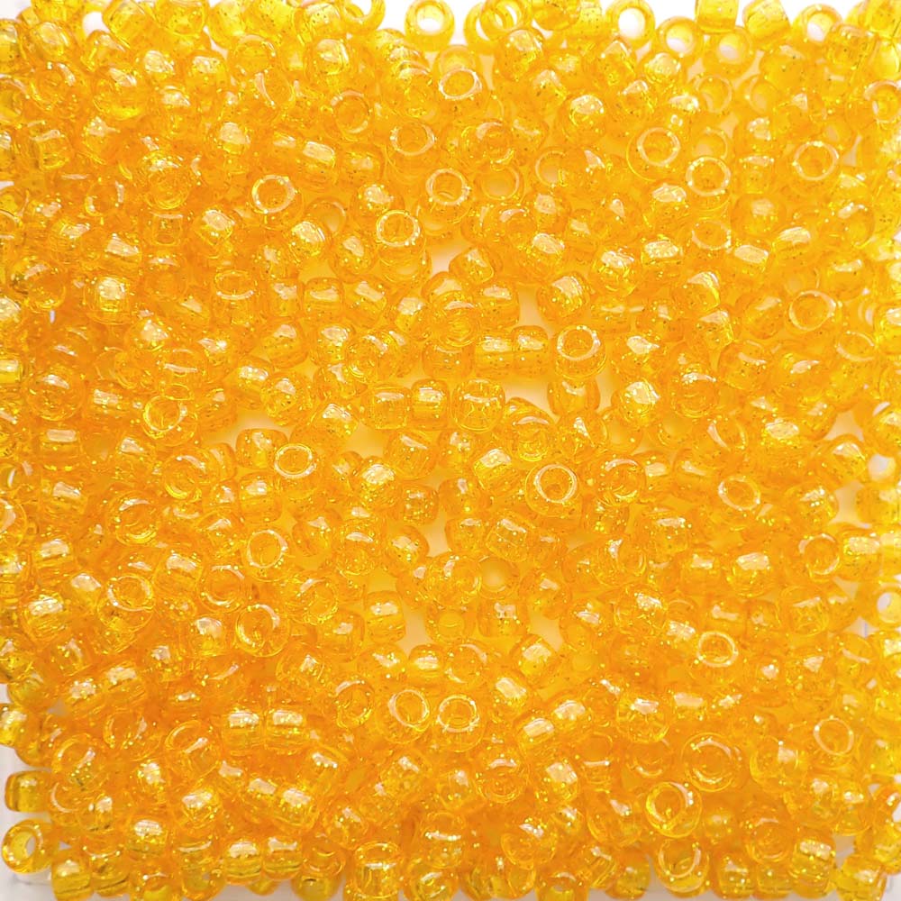Golden Sun Yellow Glitter Plastic Pony Beads. Size 6 x 9 mm. Craft Beads. Made in the USA.