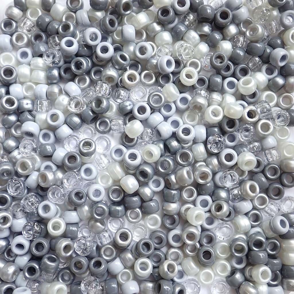 Different shades of gray of Plastic Pony Beads. Size 6 x 9 mm. Craft Beads for making bracelets, jewelry making, arts & crafts.