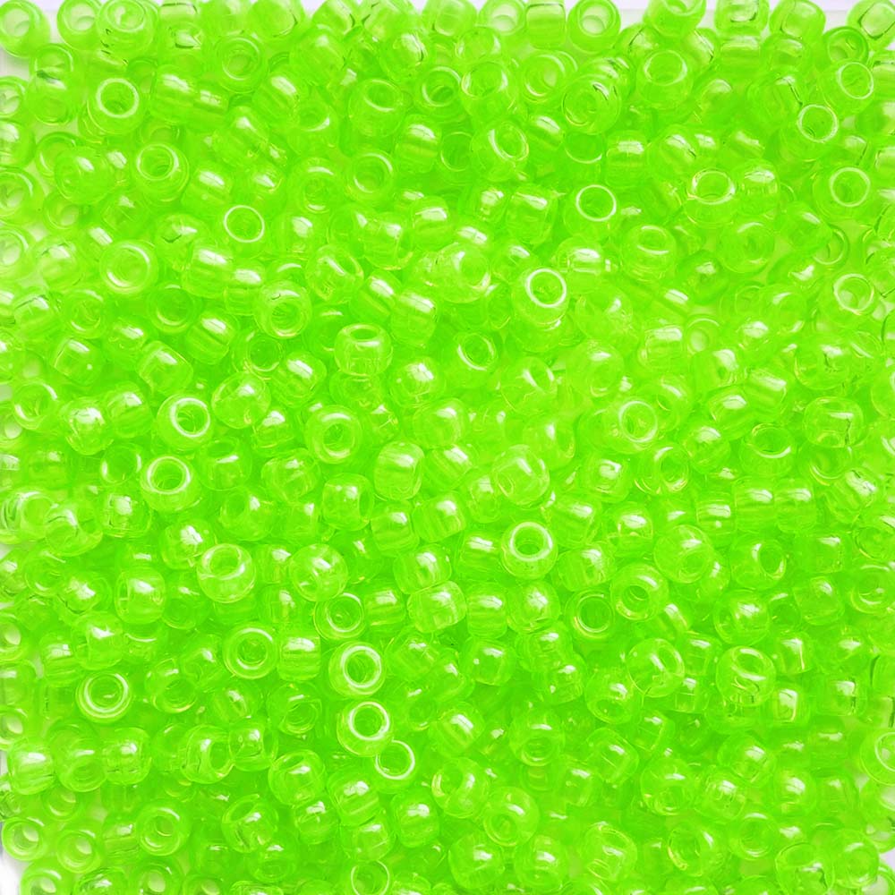 Neon Lime Green Transparent Plastic Pony Beads 6 x 9mm, 500 beads