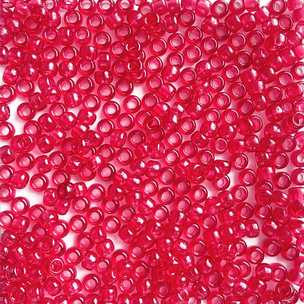 Autumn Red Transparent Plastic Pony Beads. Size 6 x 9 mm. Craft Beads. Made in the USA.