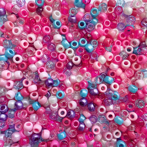 Pink, Blue & Purple Mix Plastic Pony Beads. Size 6 x 9 mm. Craft Beads for making bracelets, jewelry making, arts & crafts.