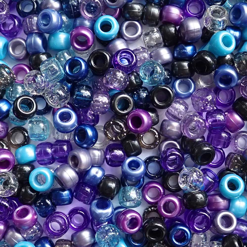 Purple Blue Black Galaxy Mix of Plastic Pony Beads. Size 6 x 9 mm. Craft Beads for making bracelets, jewelry making, arts & crafts.