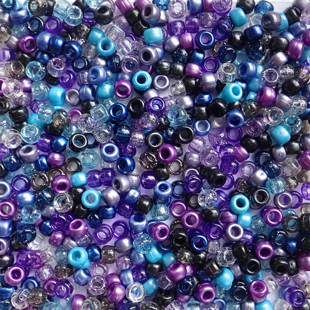 Purpl Blue Black Mix of Plastic Pony Beads. Size 6 x 9 mm. Craft Beads for making bracelets, jewelry making, arts & crafts.