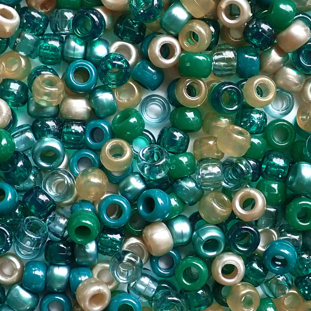 Shades of teal and neutrals mix of Plastic Pony Beads. Size 6 x 9 mm. Craft Beads for making bracelets, jewelry making, arts & crafts.