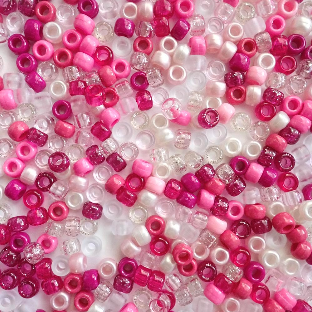 Raspberry Ice Mix Plastic Pony Beads 6 x 9mm, 500 beads