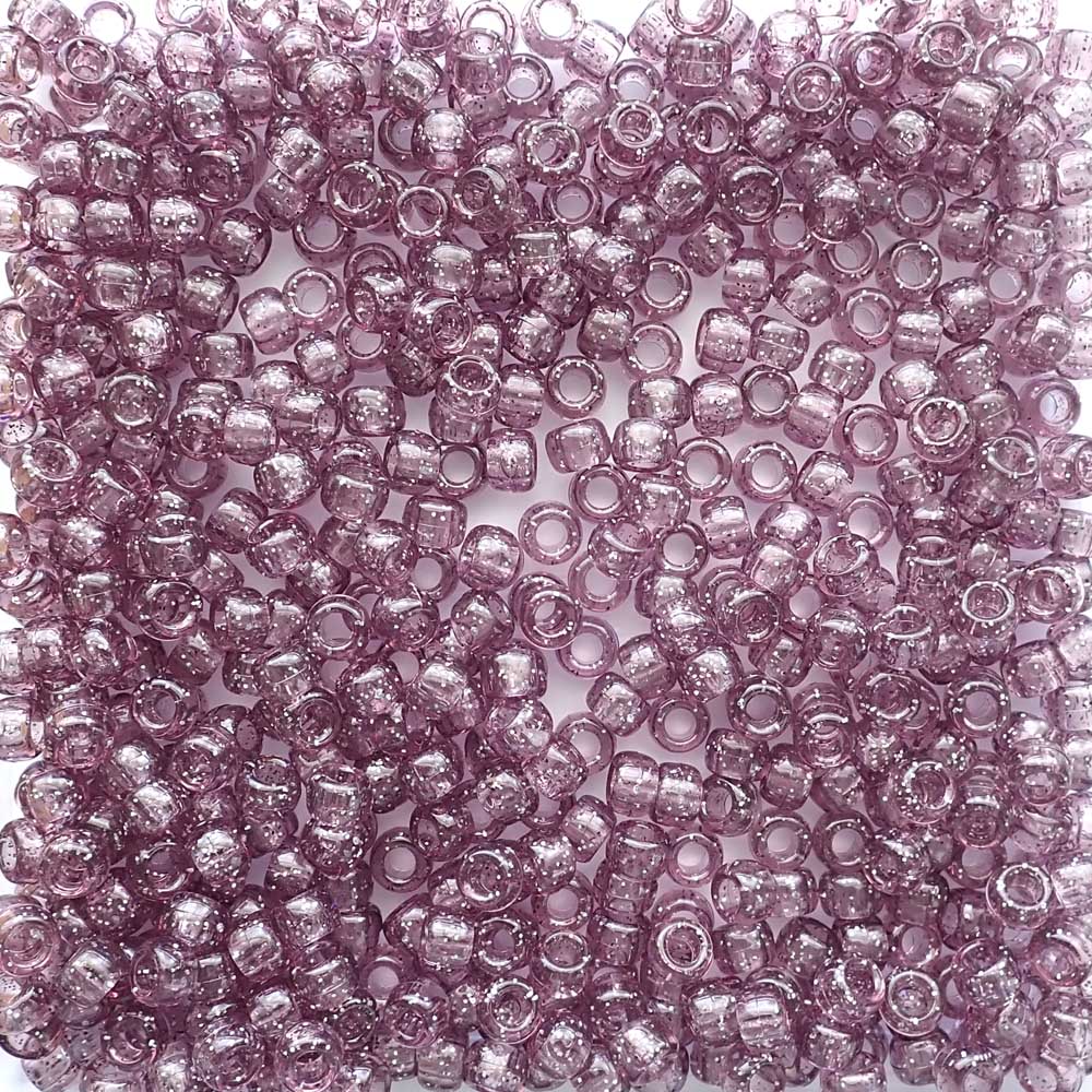 Antique Violet Purple Glitter Plastic Pony Beads. Size 6 x 9 mm. Craft Beads. Made in the USA.