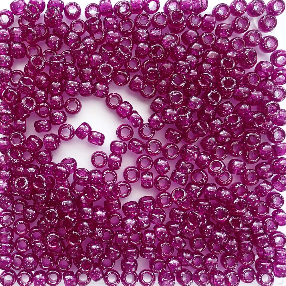 Dark Magenta Glitter Plastic Pony Beads. Size 6 x 9 mm. Craft Beads. Made in the USA.