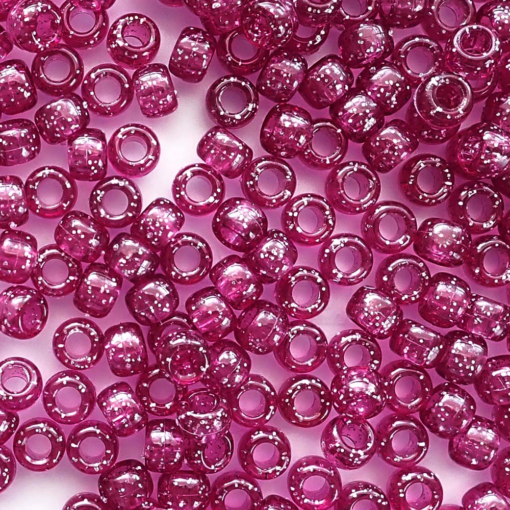 Dark Pink Glitter Plastic Pony Beads. Size 6 x 9 mm. Craft Beads. Made in the USA.