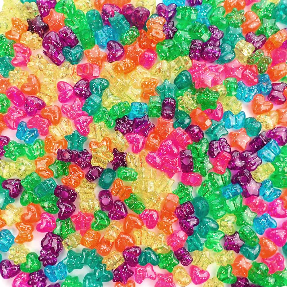 Plastic Pony Bead Shapes Mix, Glitter Colors, 125 beads