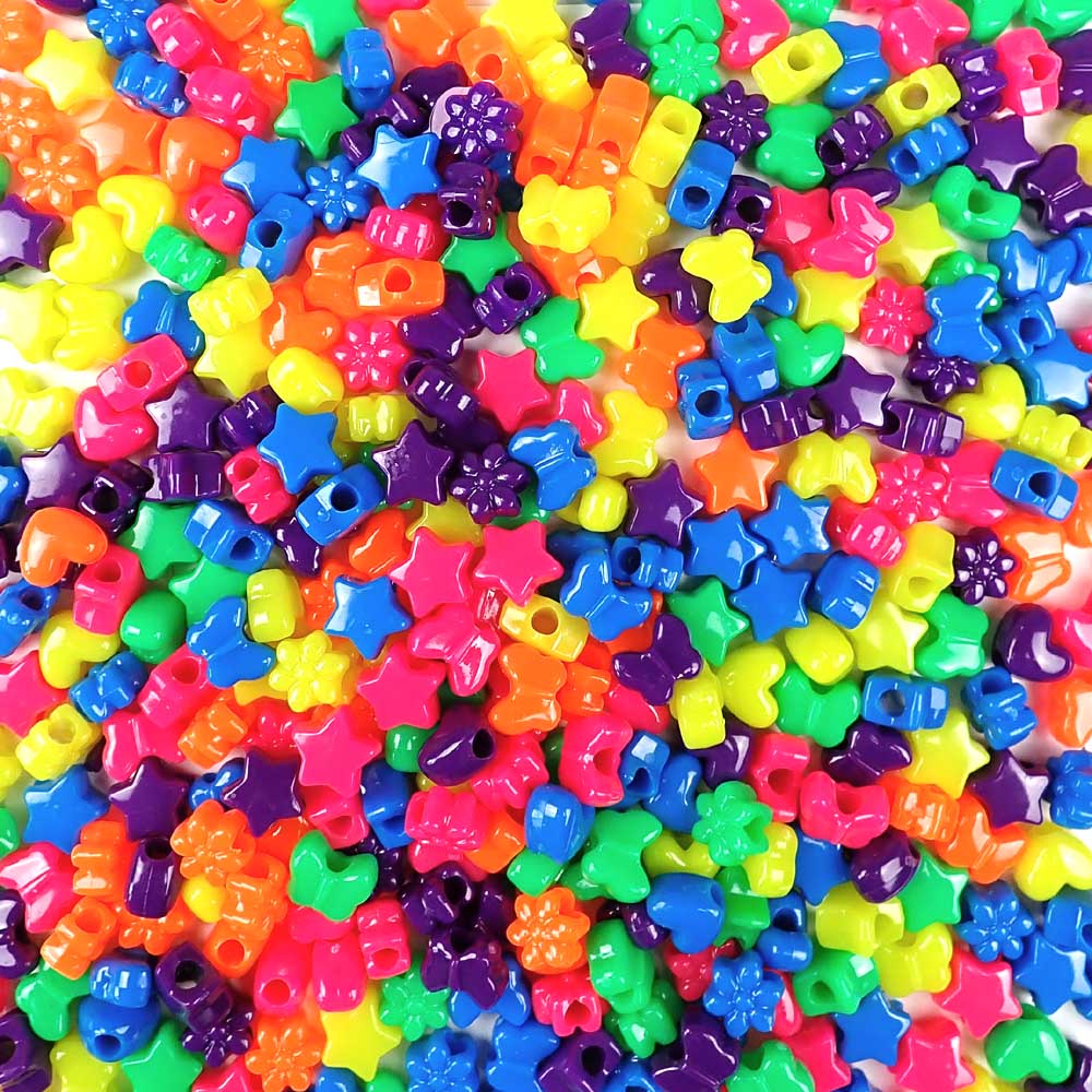 Plastic Pony Bead Shapes Mix, Neon Colors, 125 beads