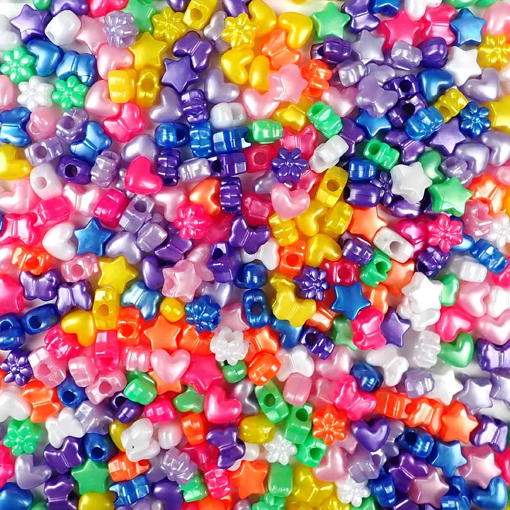 Plastic Pony Bead Shapes Mix, Pearl Colors, 125 beads