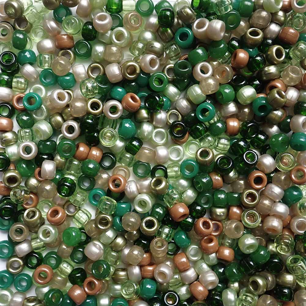 Shades of green and earth tones mix of Plastic Pony Beads. Size 6 x 9 mm. Craft Beads for making bracelets, jewelry making, arts & crafts.  