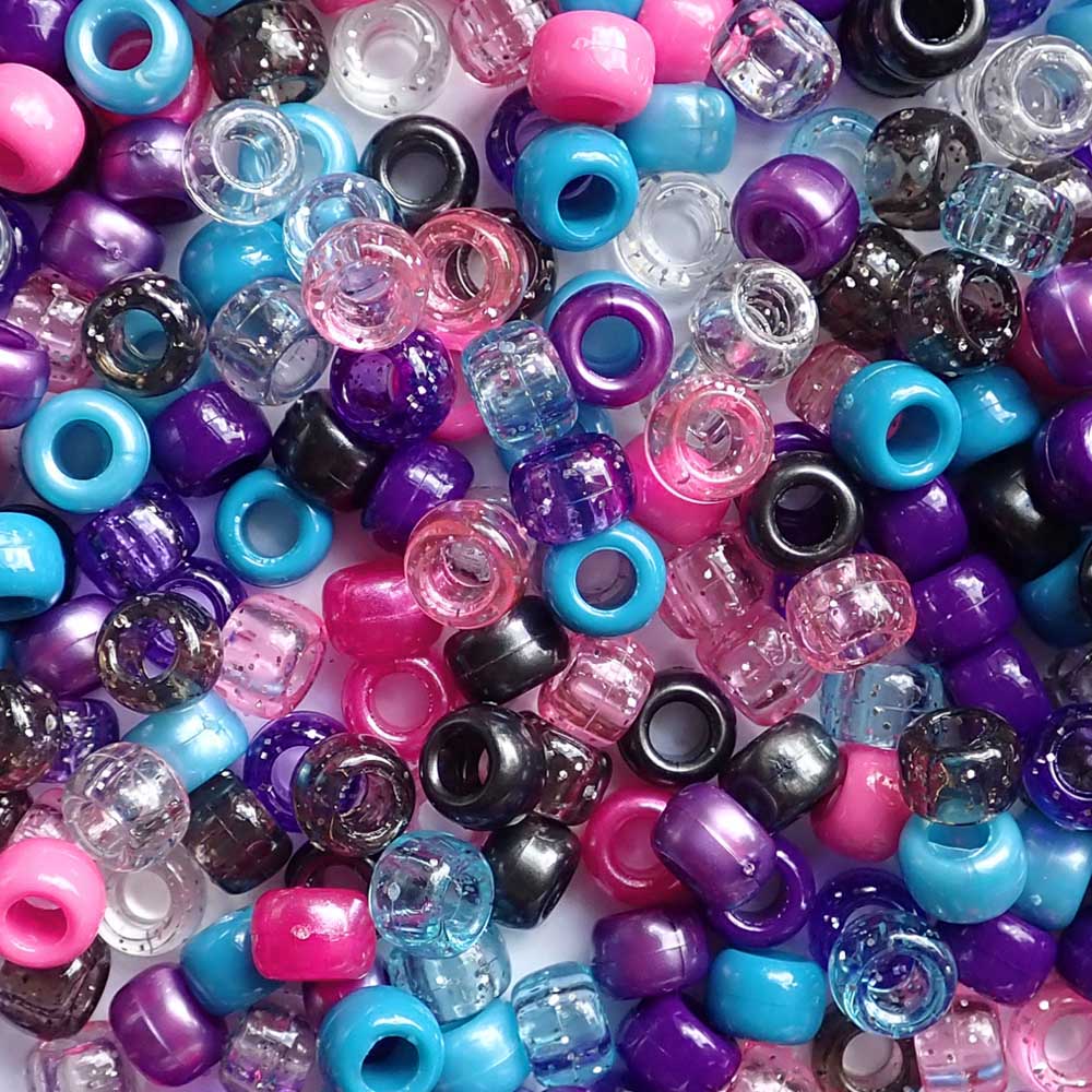 Mix of Pink, Purple, Turquoise &amp; BlackPlastic Pony Beads. Size 6 x 9 mm. Craft Beads for making bracelets, jewelry making, arts &amp; crafts. 