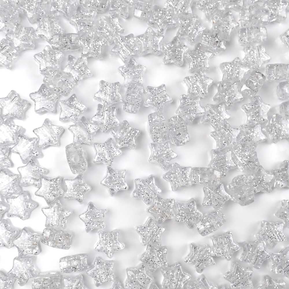 Silver glitter Star Plastic Pony Beads, 13mm, 125 beads