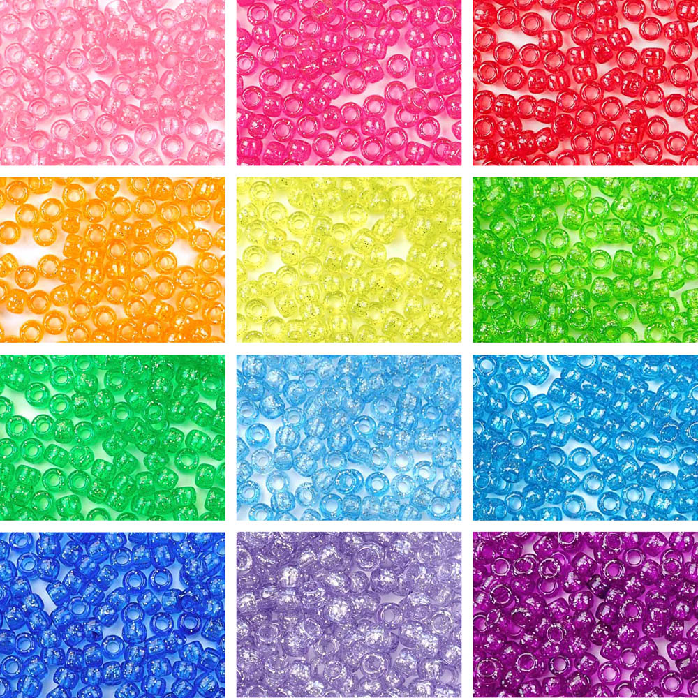 Rainbow Glitter Pony Bead Kit, 12 Colors, 6 x 9mm Beads, 1800 beads total