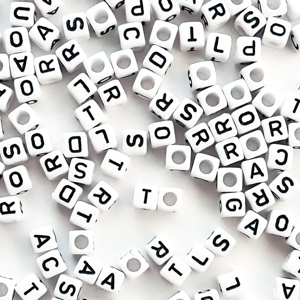 Plastic White Alphabet Beads, Mixed, (Horizontal) 7mm Cube, 500 beads