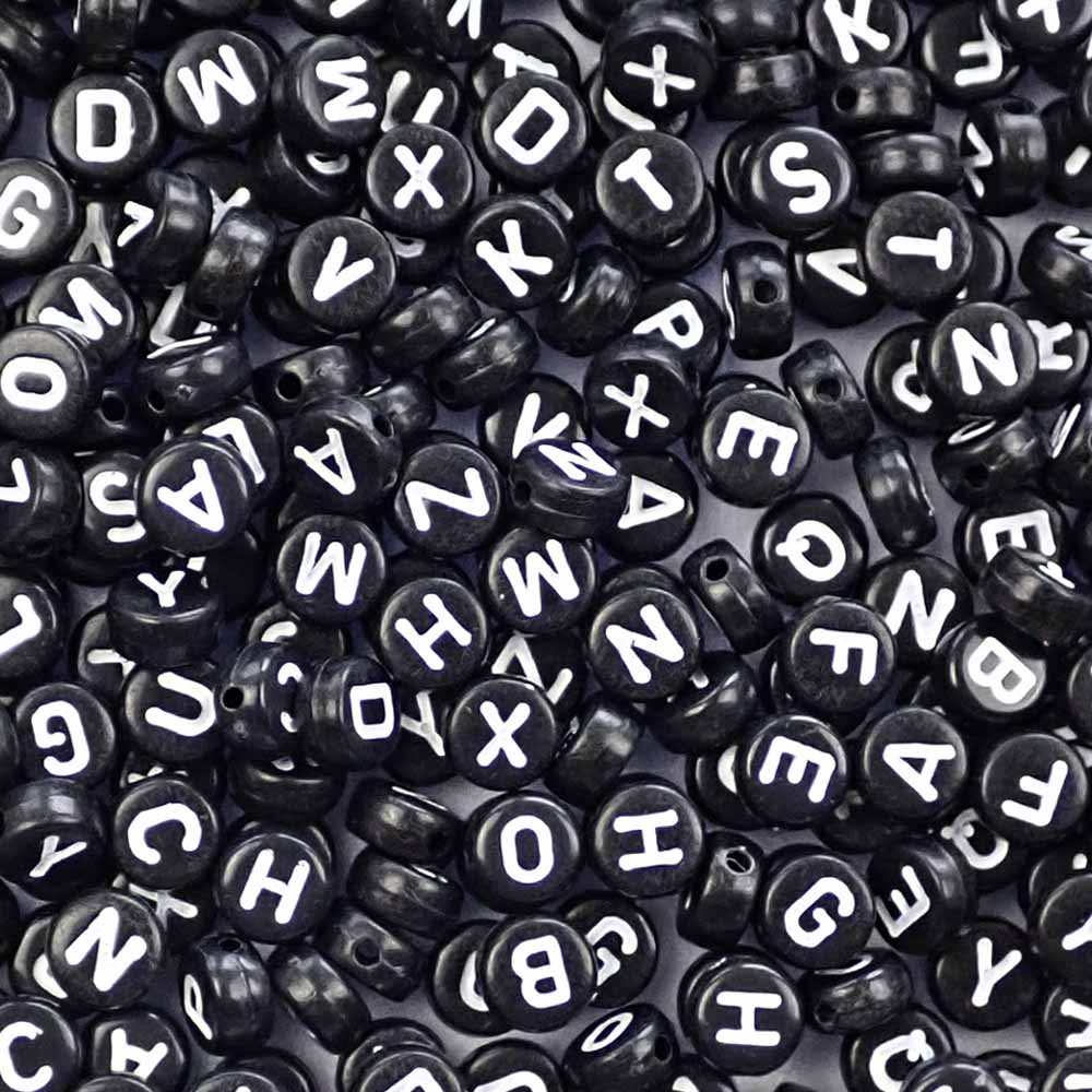 Plastic Black Alphabet Beads, Random Mix Letters, 7mm Round, 1000 beads