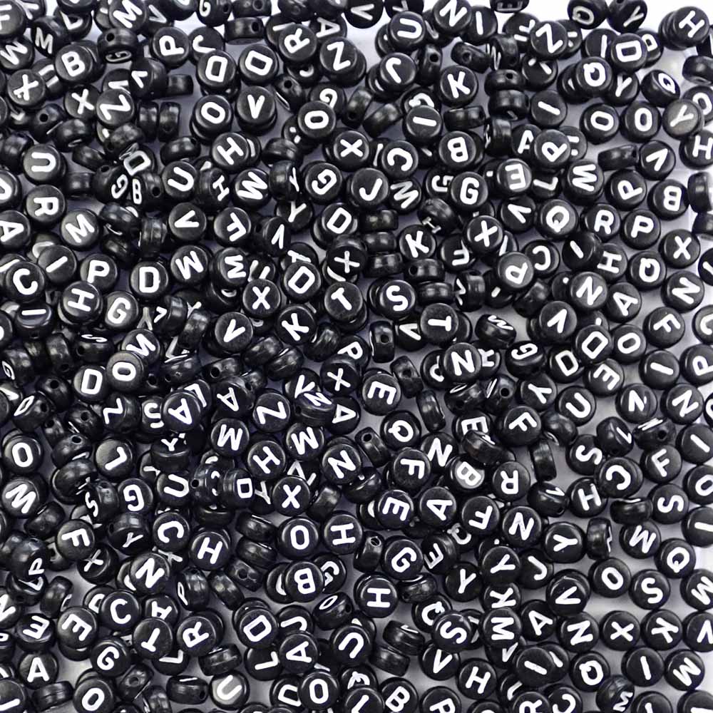 Plastic Black Alphabet Beads, Random Mix Letters, 7mm Round, 1000 beads